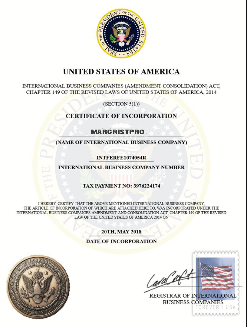 United States of America Incorporation Certificate